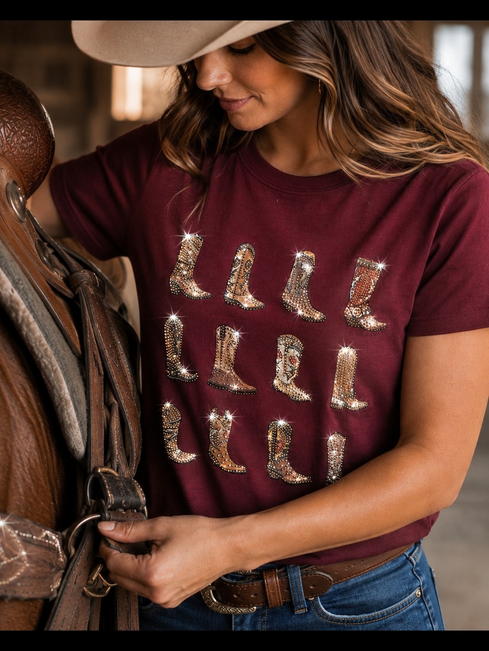 Women's Short-Sleeve Embellished Cowboy Boot Tee - Burgundy